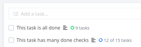 Vikunja's list view with the checklist indicator, one task has a green circle with all check items marked done, the other one has a blue circle with some check items not done