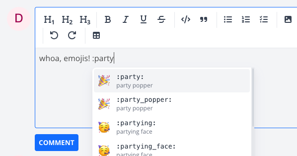The editor showing a :party shortcode with an emoji autocomplete popup listing matching emoji like party popper and partying face