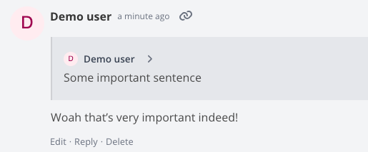 A task comment quoting an earlier comment, with a chevron next to the quoted author to jump back to the original